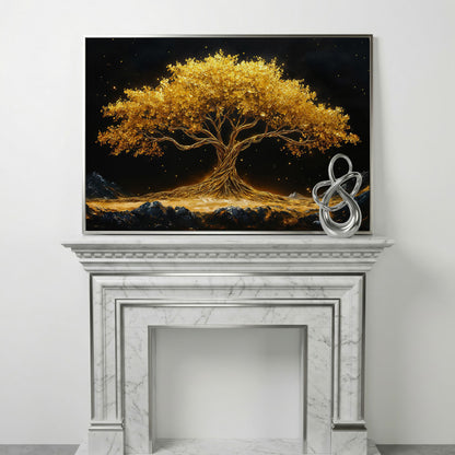 Golden Tree of Life Canvas Print in silver floating frame