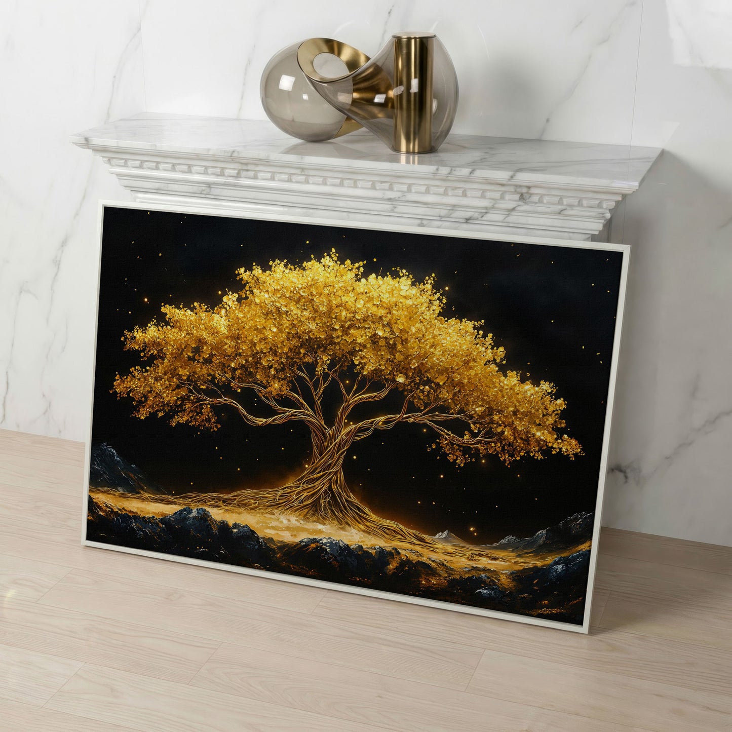 Golden Tree of Life Canvas Print in white floating frame