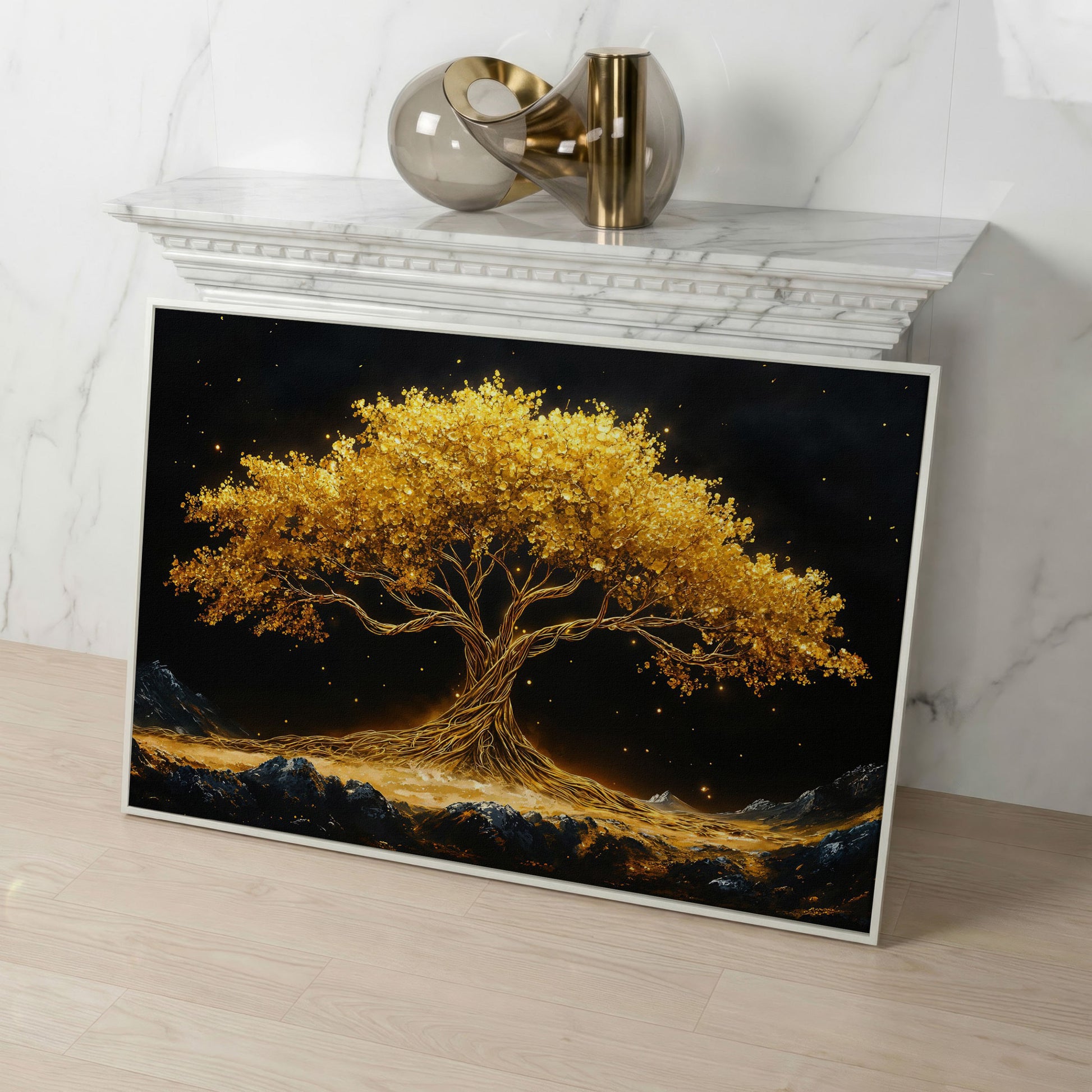Golden Tree of Life Canvas Print in white floating frame