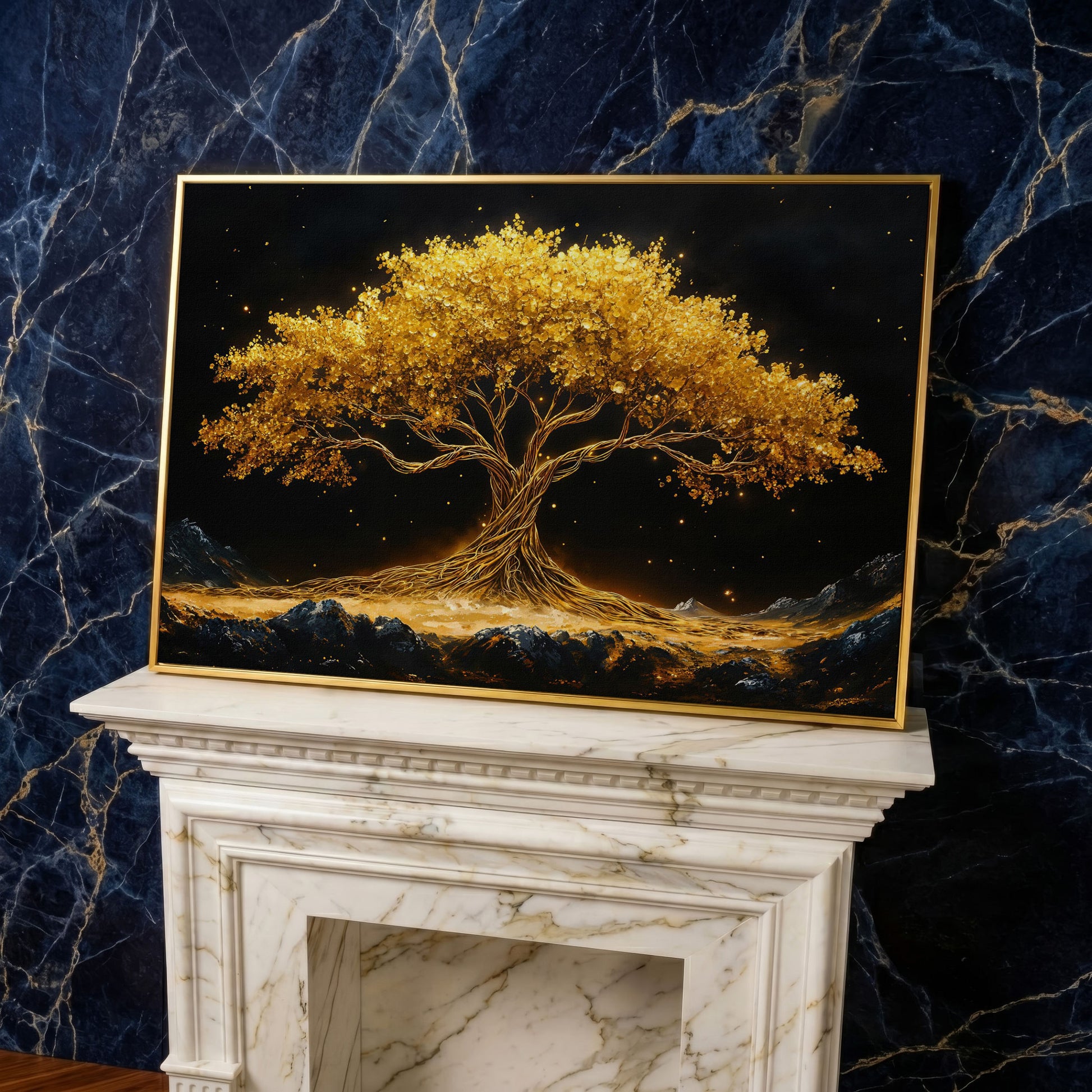 Golden Tree of Life Canvas Print in yellow gold floating frame
