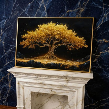 Golden Tree of Life Canvas Print in yellow gold floating frame