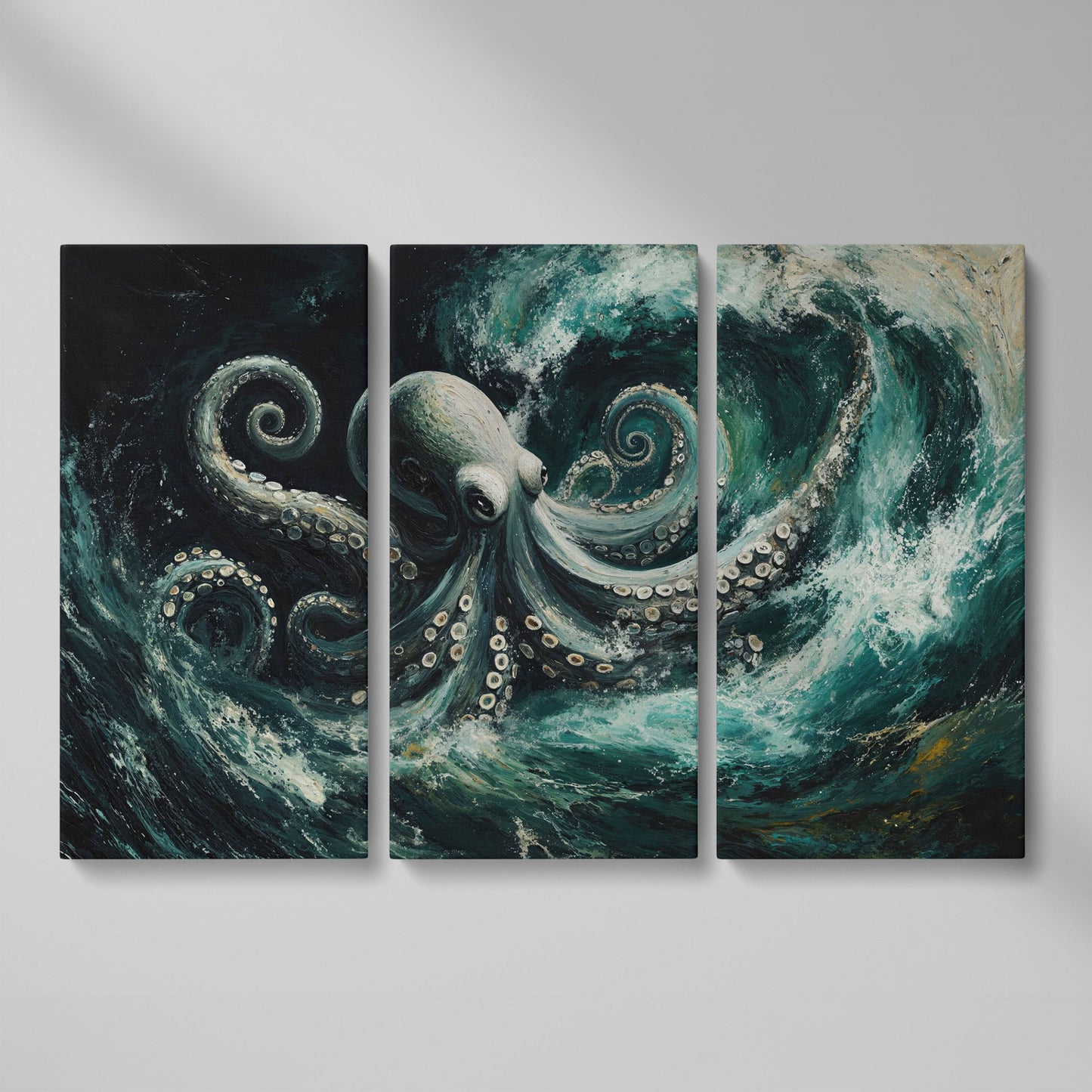 Octopus in Ocean Waves Canvas Print as 3-panel split version