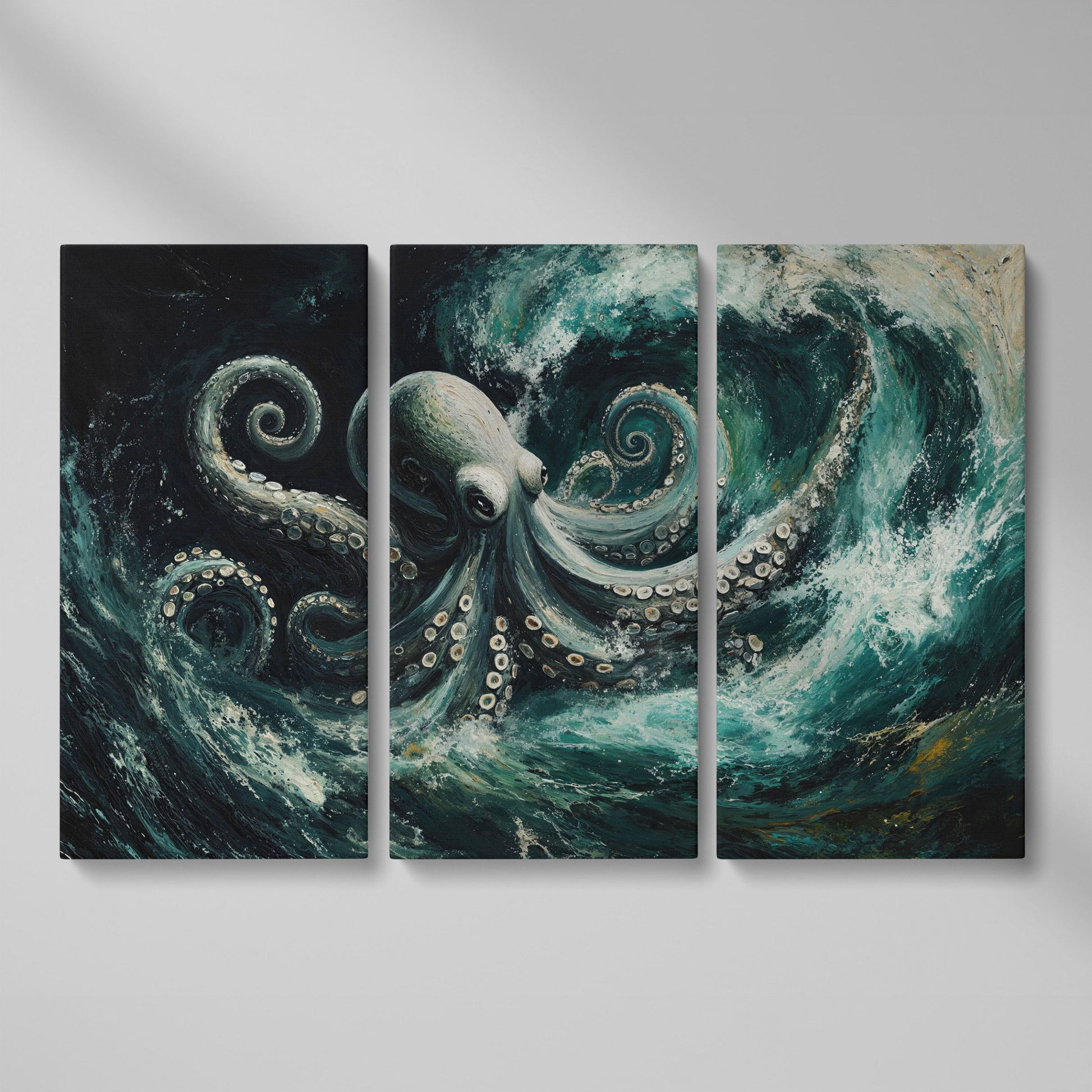 Octopus in Ocean Waves Canvas Print as 3-panel split version