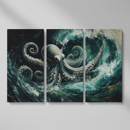 Octopus in Ocean Waves Canvas Print as 3-panel split version