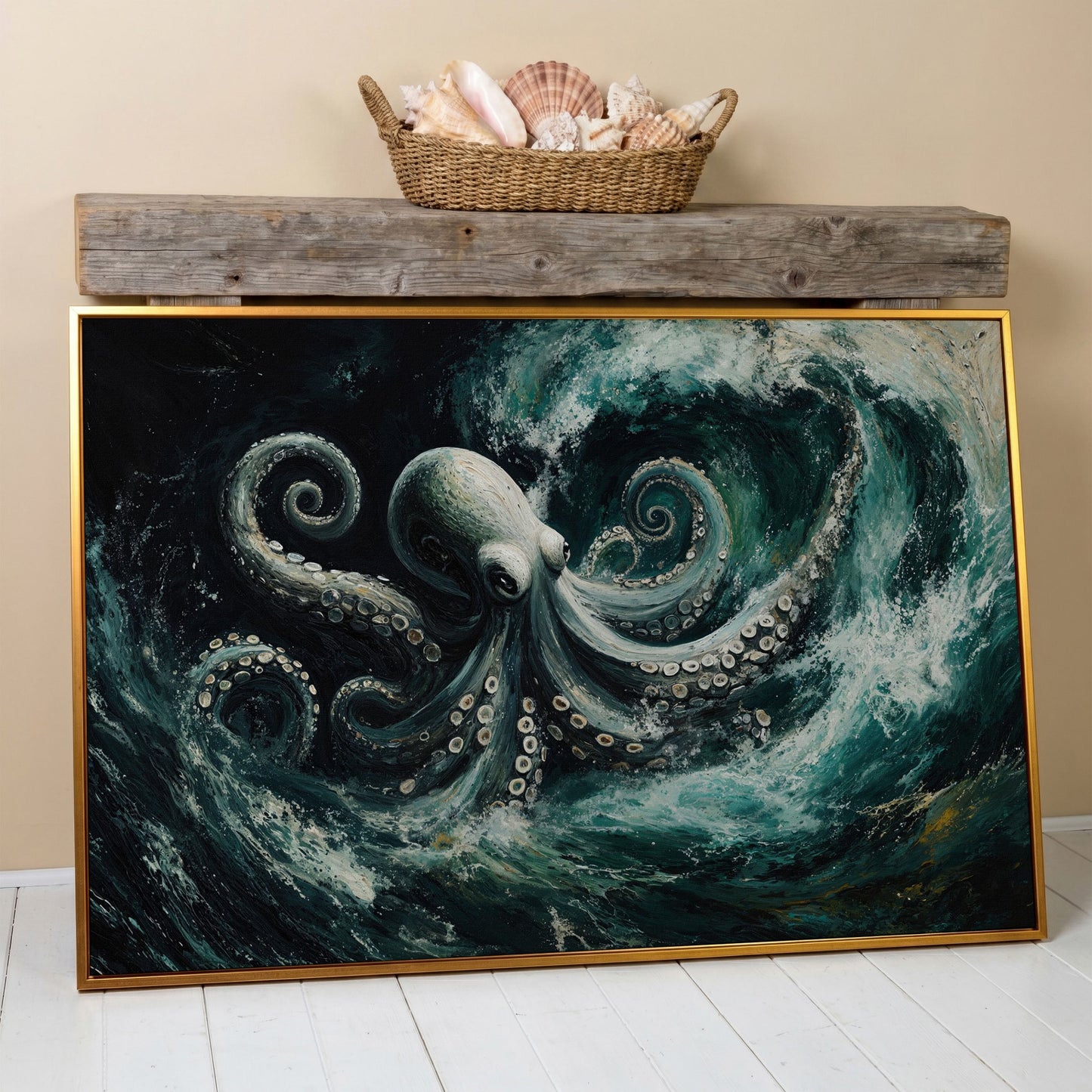 Octopus in Ocean Waves Canvas Print in antique gold floating frame