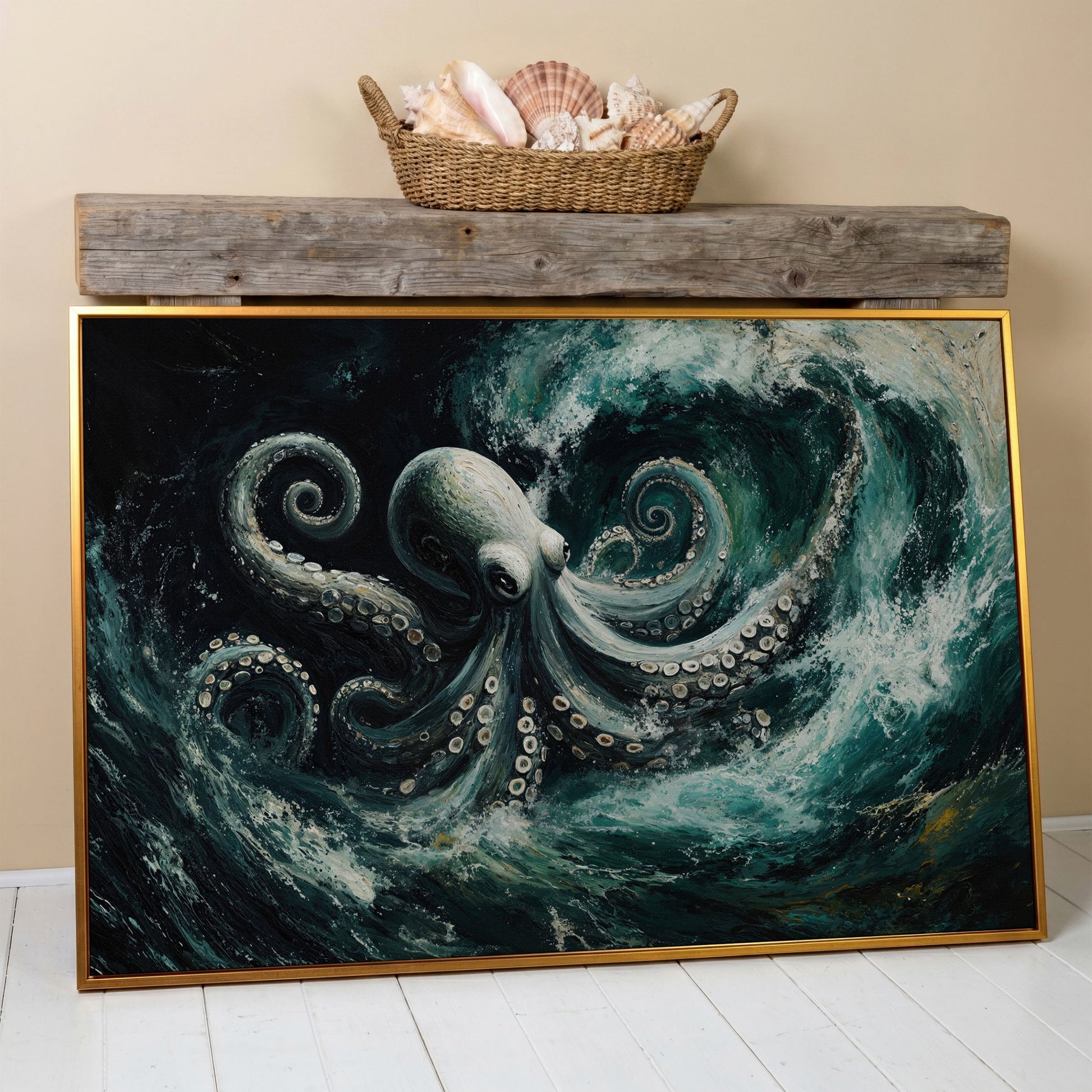 Octopus in Ocean Waves Canvas Print in antique gold floating frame
