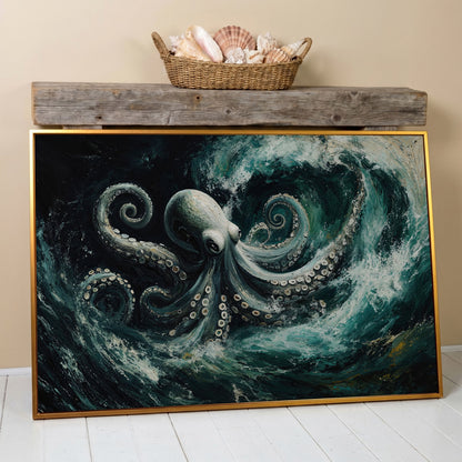 Octopus in Ocean Waves Canvas Print in antique gold floating frame