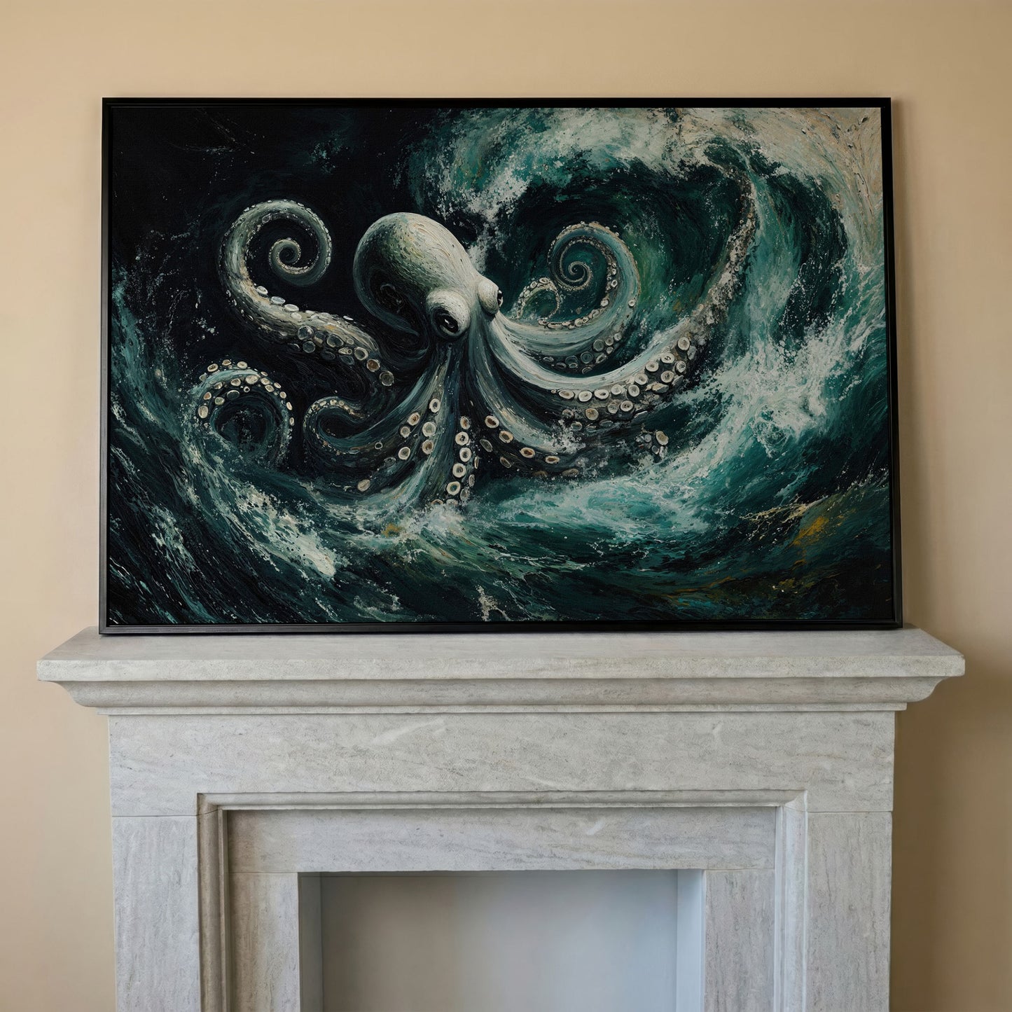 Octopus in Ocean Waves Canvas Print in black floating frame