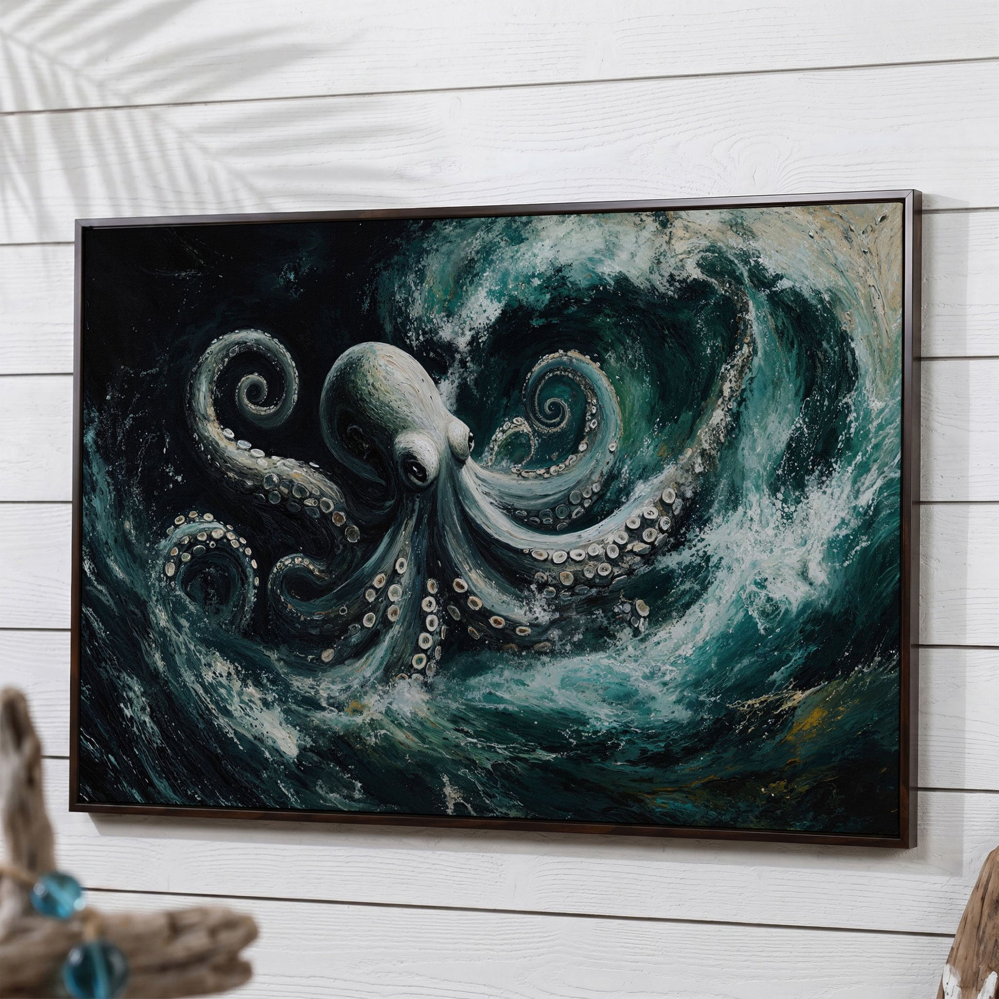 Octopus in Ocean Waves Canvas Print in dark walnut floating frame