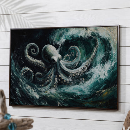 Octopus in Ocean Waves Canvas Print in dark walnut floating frame
