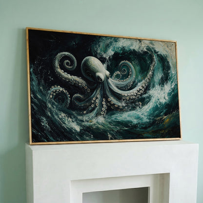 Octopus in Ocean Waves Canvas Print in white oak floating frame