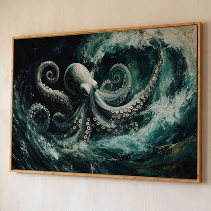 Octopus in Ocean Waves Canvas Print shown in white oak floating frame