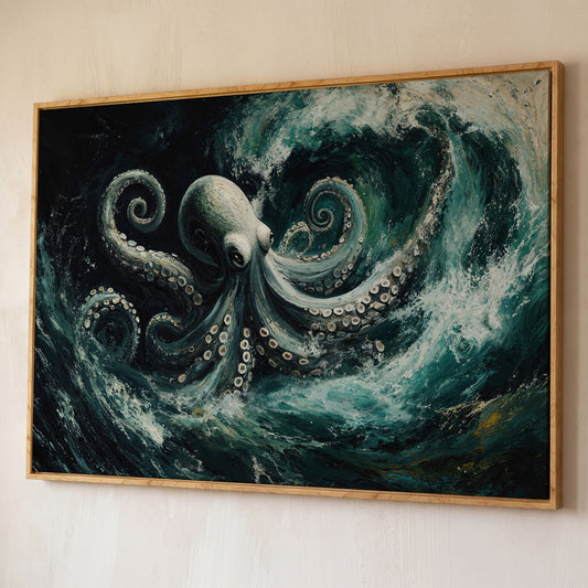 Octopus in Ocean Waves Canvas Print shown in white oak floating frame