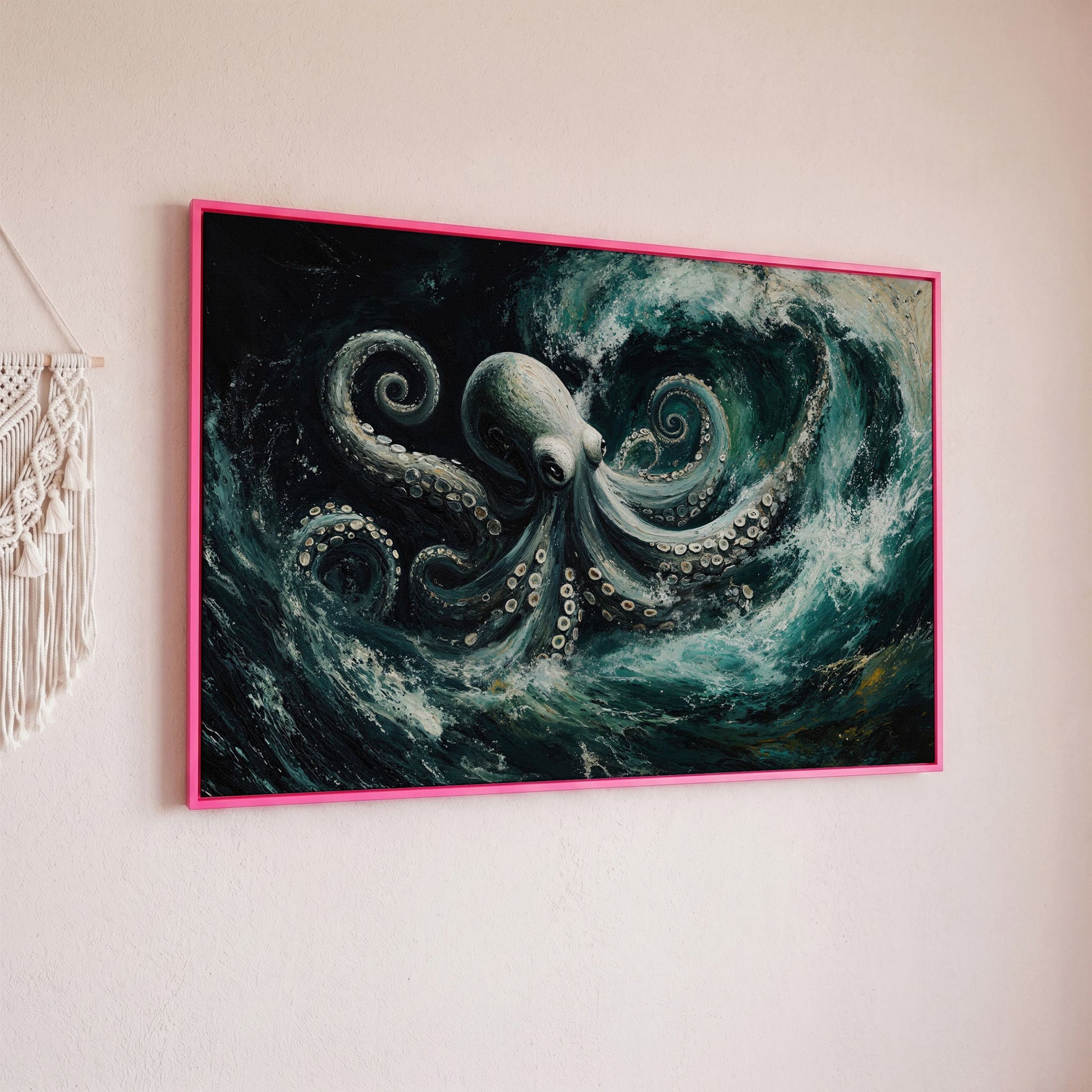 Octopus in Ocean Waves Canvas Print in pink floating frame