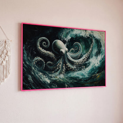 Octopus in Ocean Waves Canvas Print in pink floating frame