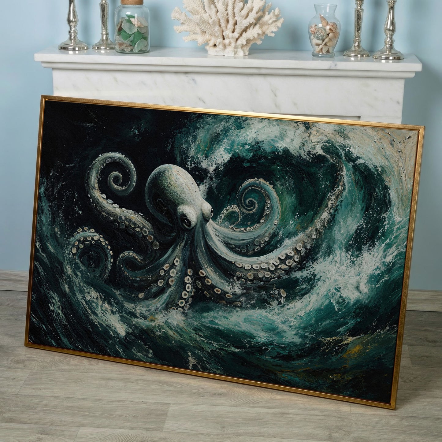 Octopus in Ocean Waves Canvas Print in rose gold floating frame