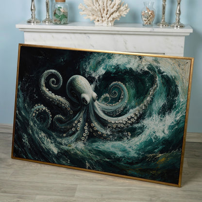 Octopus in Ocean Waves Canvas Print in rose gold floating frame