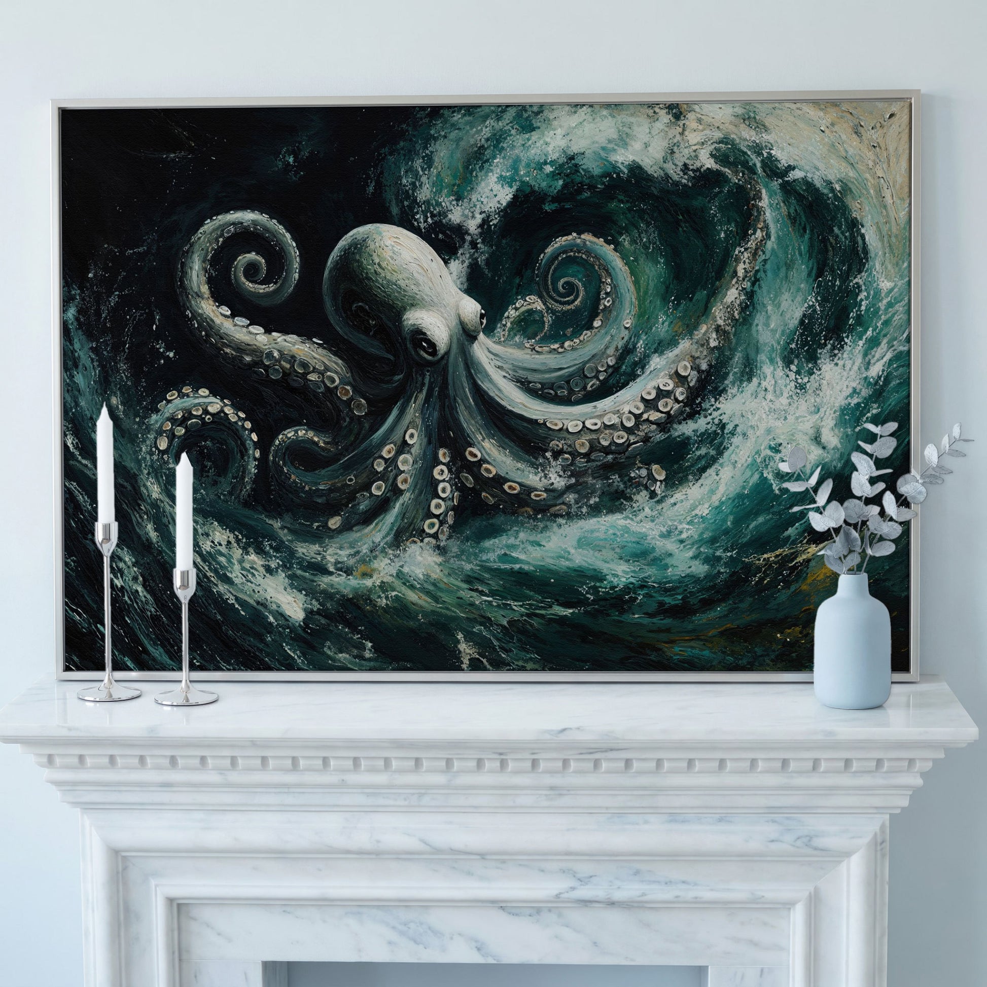 Octopus in Ocean Waves Canvas Print in silver floating frame
