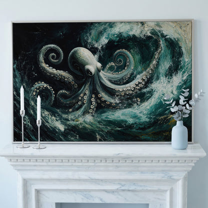Octopus in Ocean Waves Canvas Print in silver floating frame