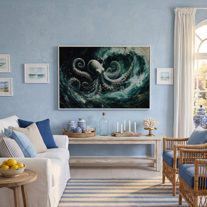 Octopus in Ocean Waves Canvas Print in white floating frame