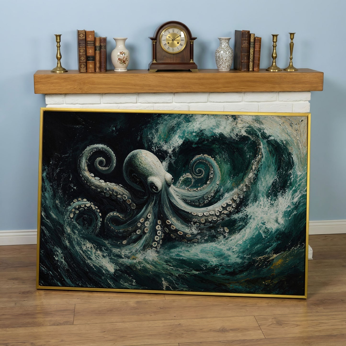 Octopus in Ocean Waves Canvas Print in yellow gold floating frame