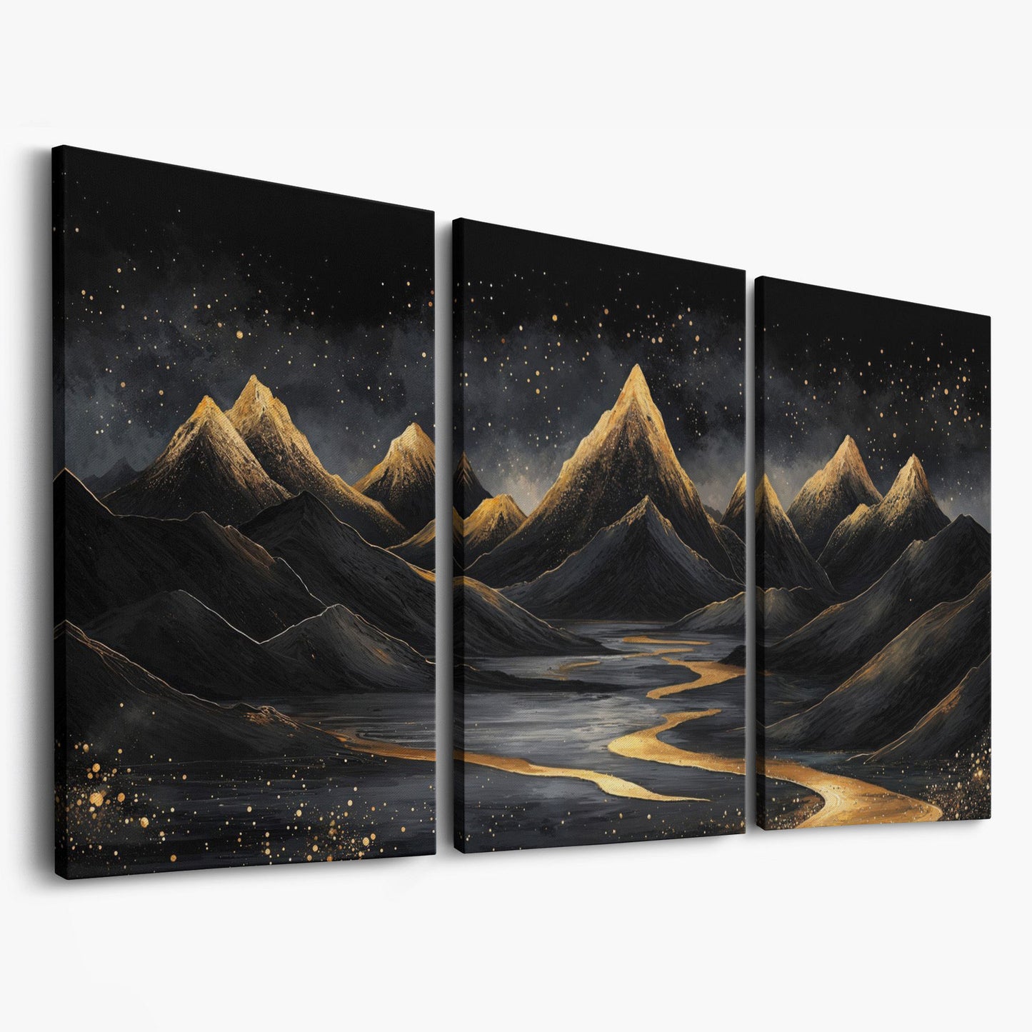 Night Mountain Landscape with Golden Stars Canvas as 3-panel split version