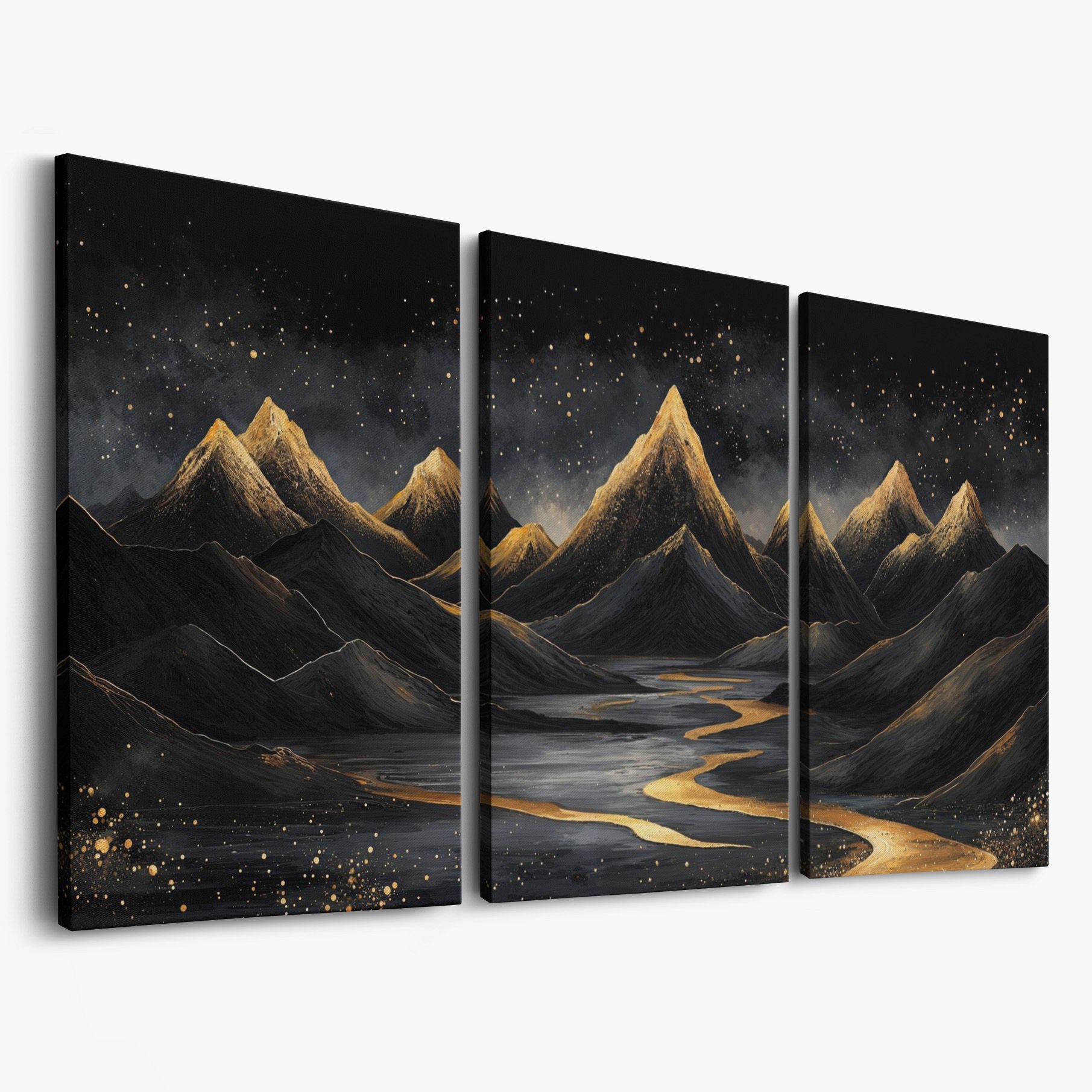Night Mountain Landscape with Golden Stars Canvas as 3-panel split version