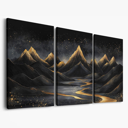 Night Mountain Landscape with Golden Stars Canvas as 3-panel split version