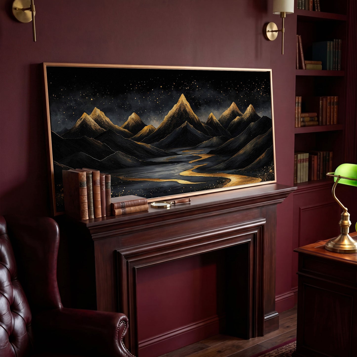 Night Mountain Landscape with Golden Stars Canvas in antique gold floating frame