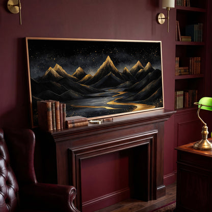Night Mountain Landscape with Golden Stars Canvas in antique gold floating frame