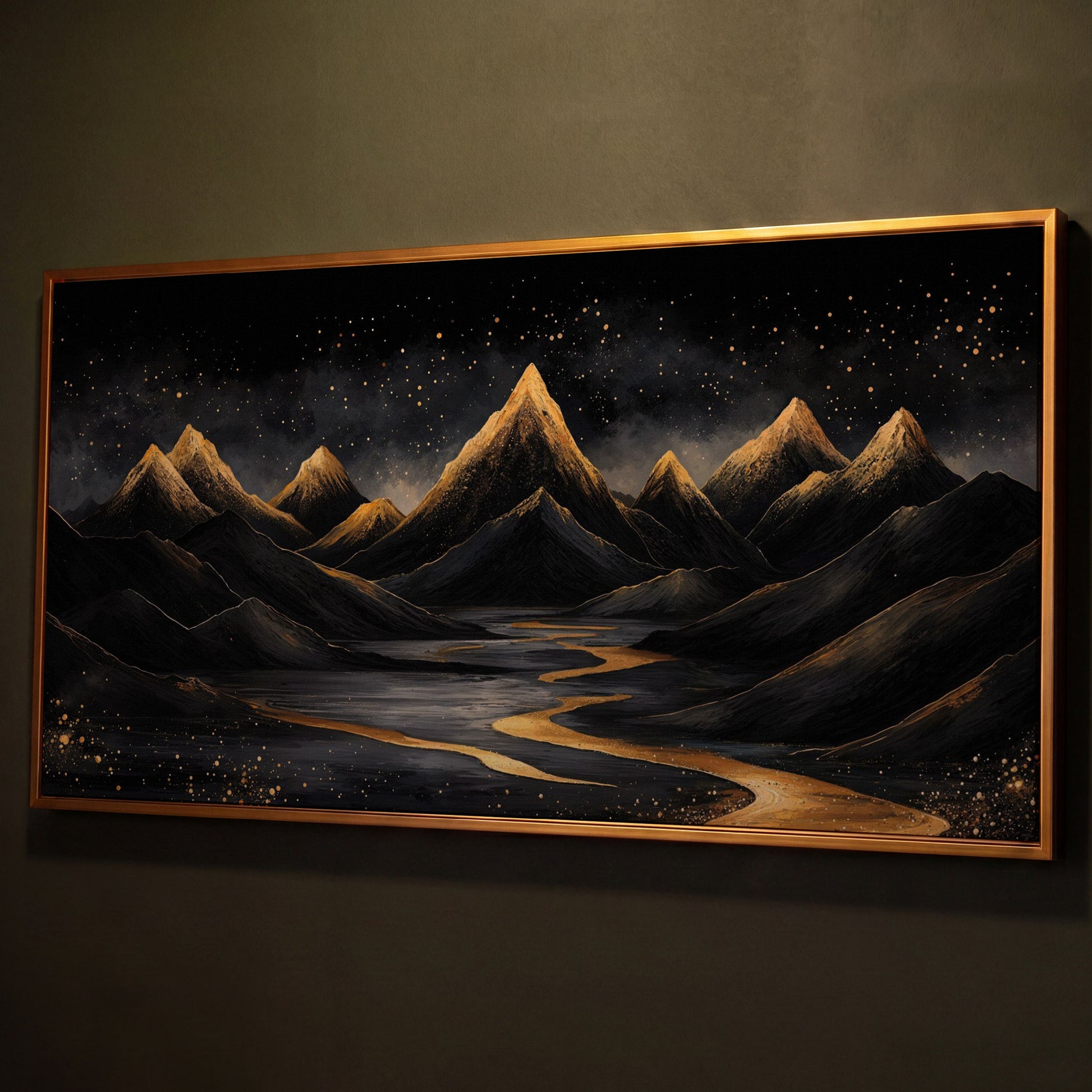 Night Mountain Landscape with Golden Stars Canvas shown in antique gold floating frame