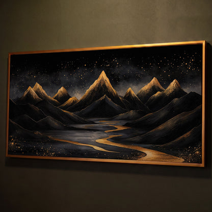 Night Mountain Landscape with Golden Stars Canvas shown in antique gold floating frame