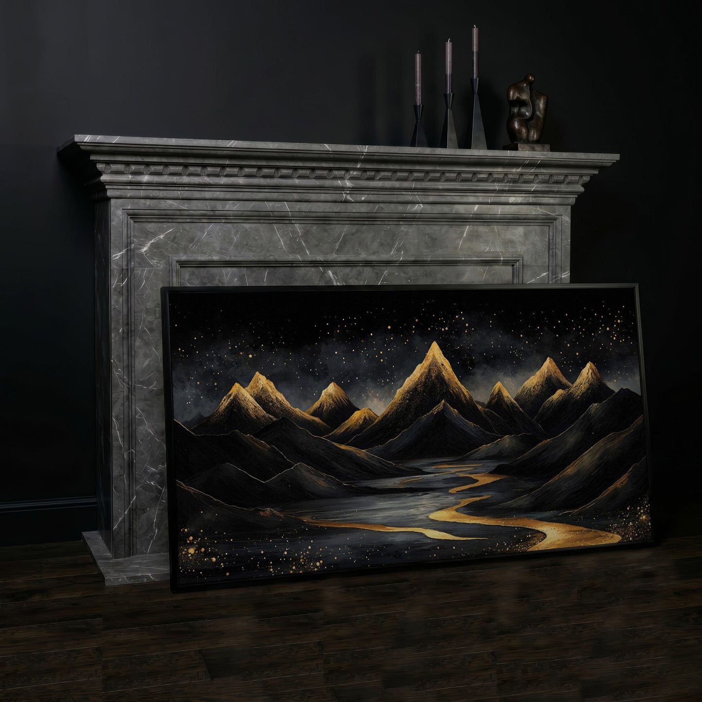 Night Mountain Landscape with Golden Stars Canvas in black floating frame