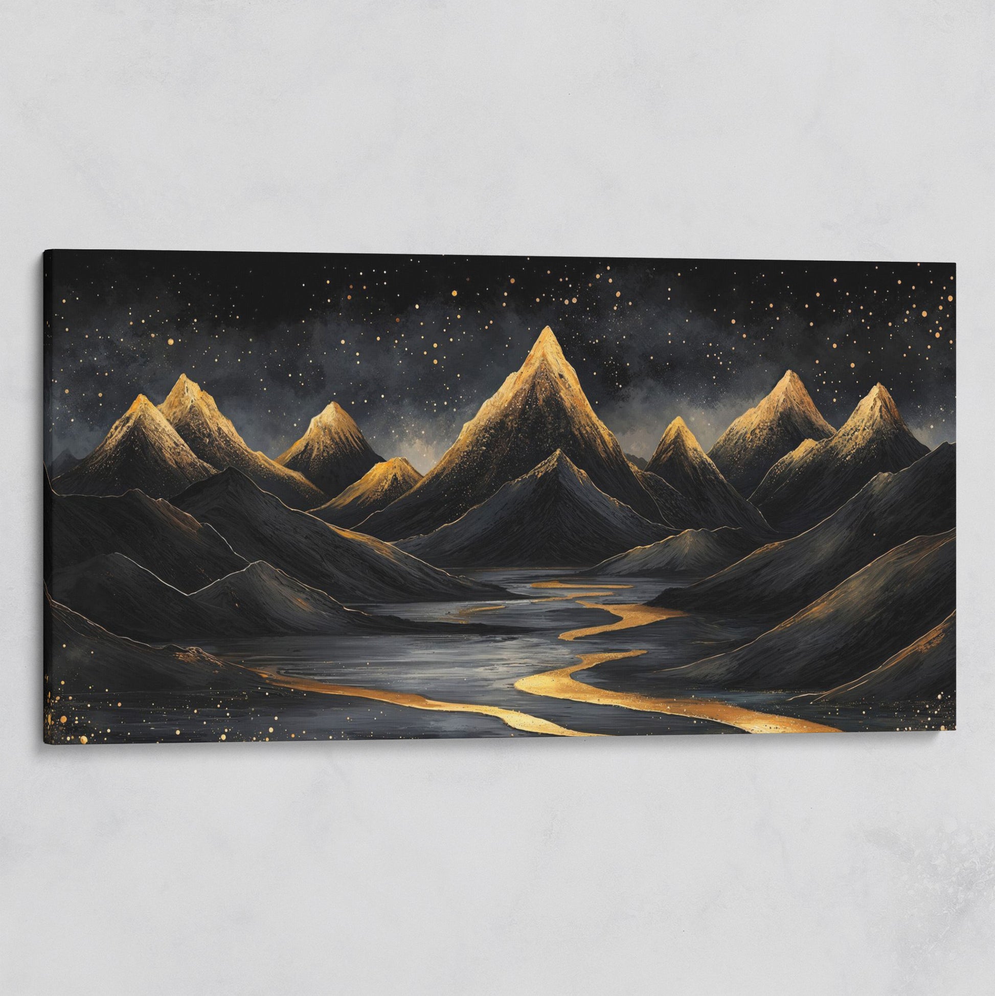 Night Mountain Landscape with Golden Stars Canvas on gallery wrap