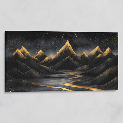 Night Mountain Landscape with Golden Stars Canvas on gallery wrap