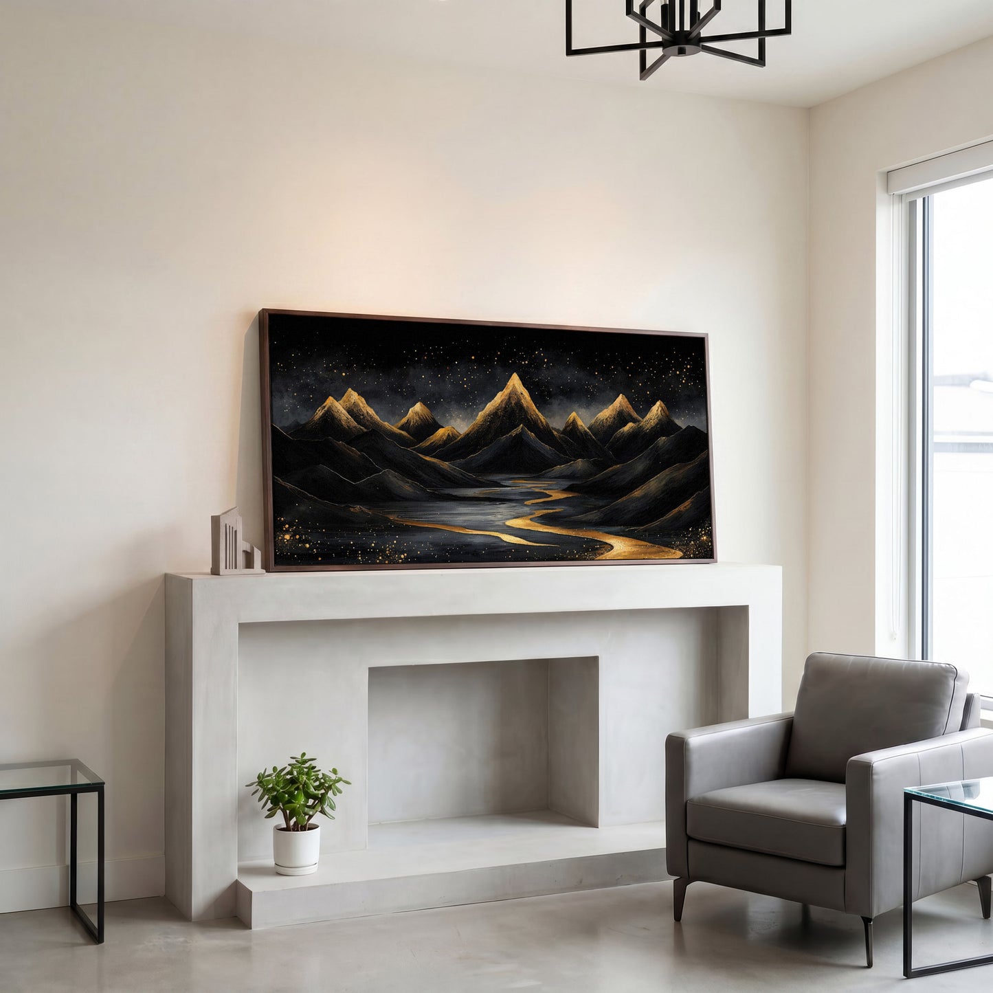 Night Mountain Landscape with Golden Stars Canvas in dark walnut floating frame