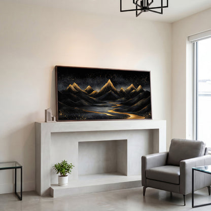 Night Mountain Landscape with Golden Stars Canvas in dark walnut floating frame
