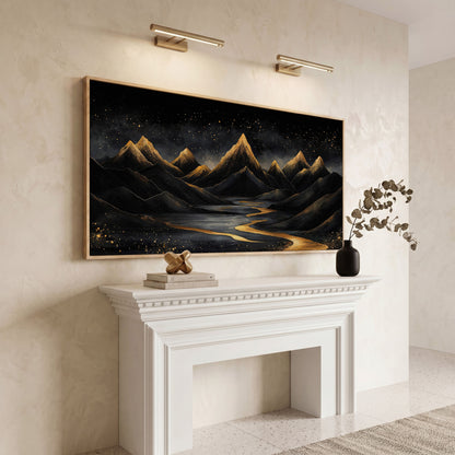 Night Mountain Landscape with Golden Stars Canvas in white oak floating frame