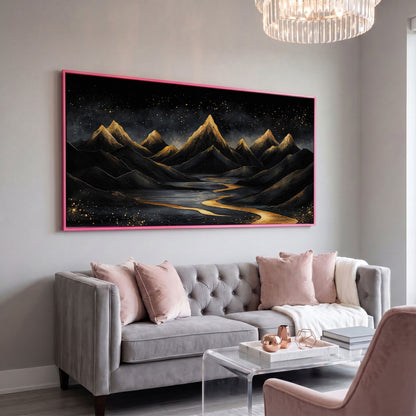 Night Mountain Landscape with Golden Stars Canvas in pink floating frame