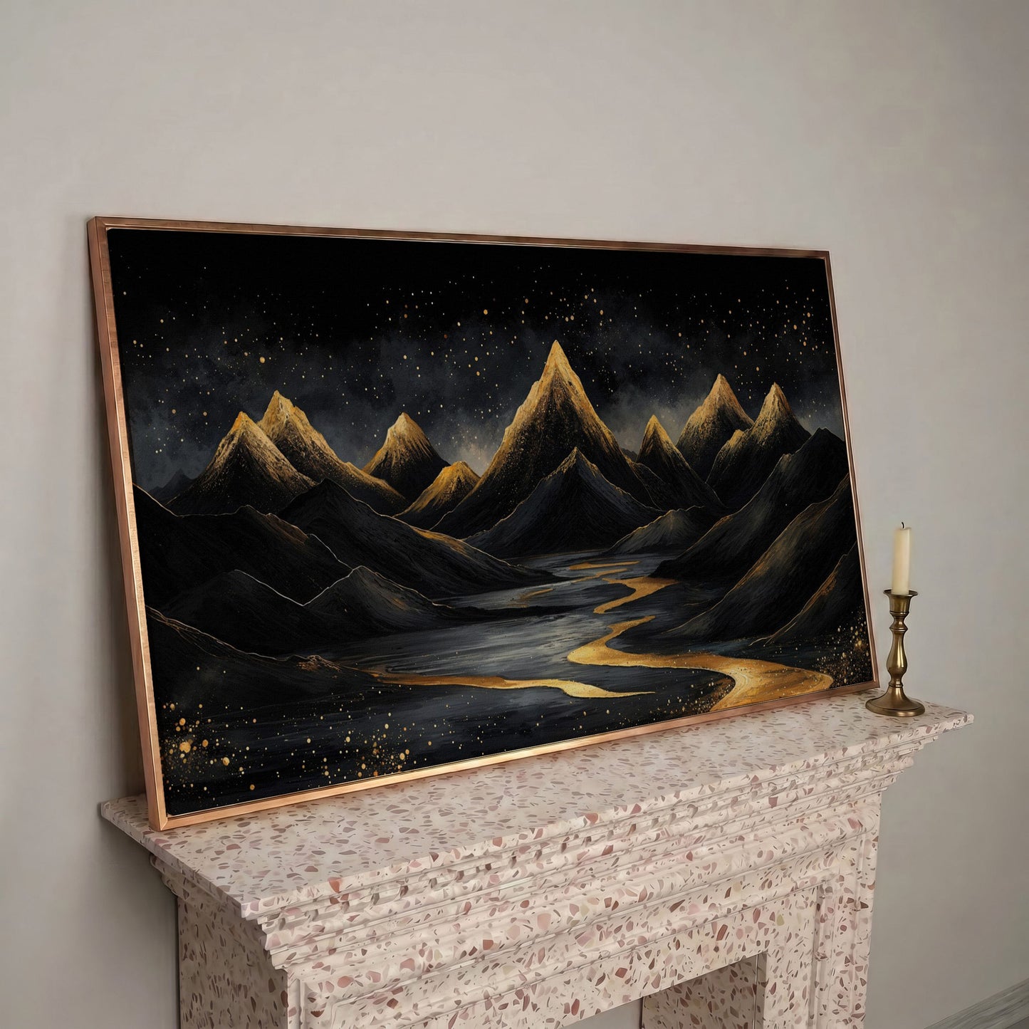 Night Mountain Landscape with Golden Stars Canvas in rose gold floating frame