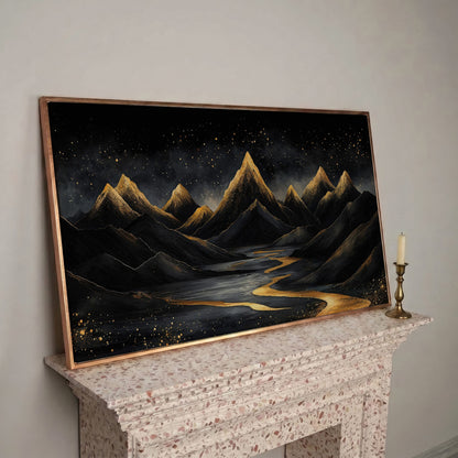 Night Mountain Landscape with Golden Stars Canvas in rose gold floating frame