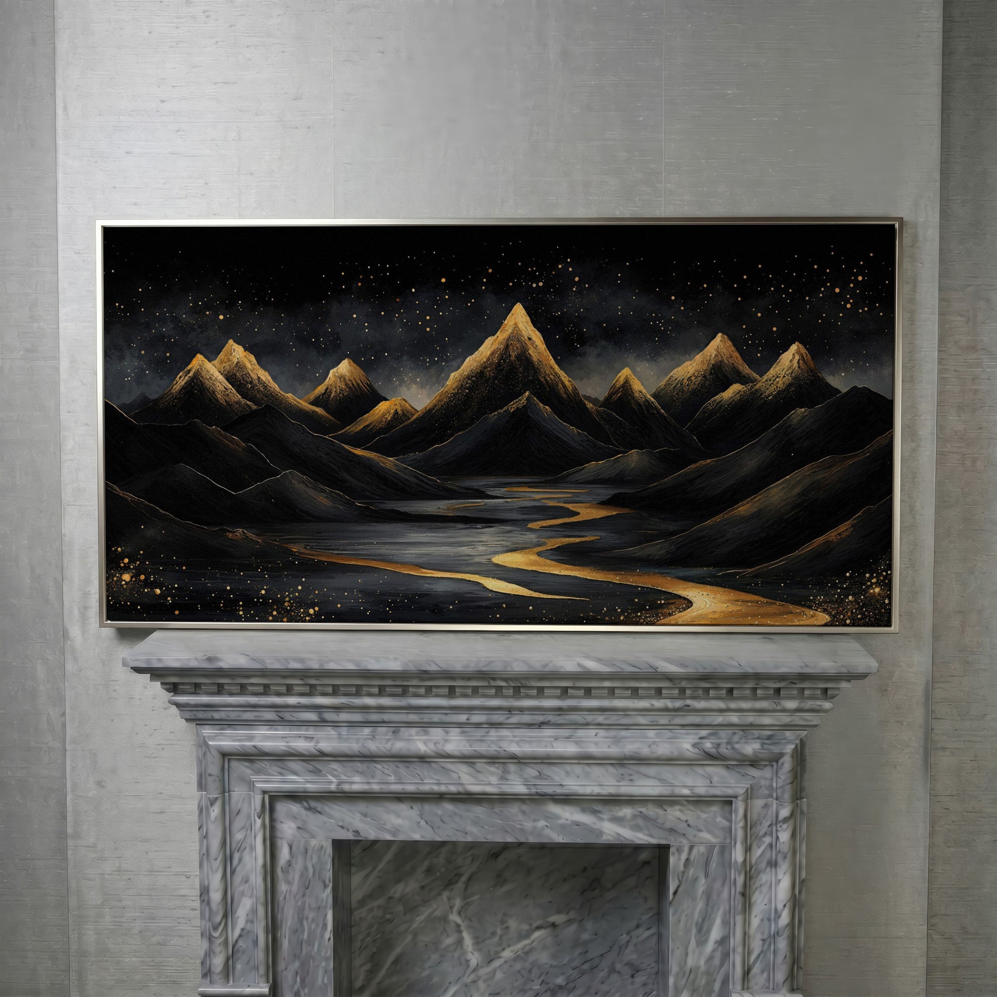 Night Mountain Landscape with Golden Stars Canvas in silver floating frame