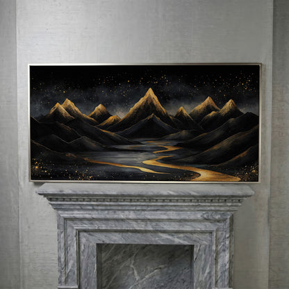 Night Mountain Landscape with Golden Stars Canvas in silver floating frame