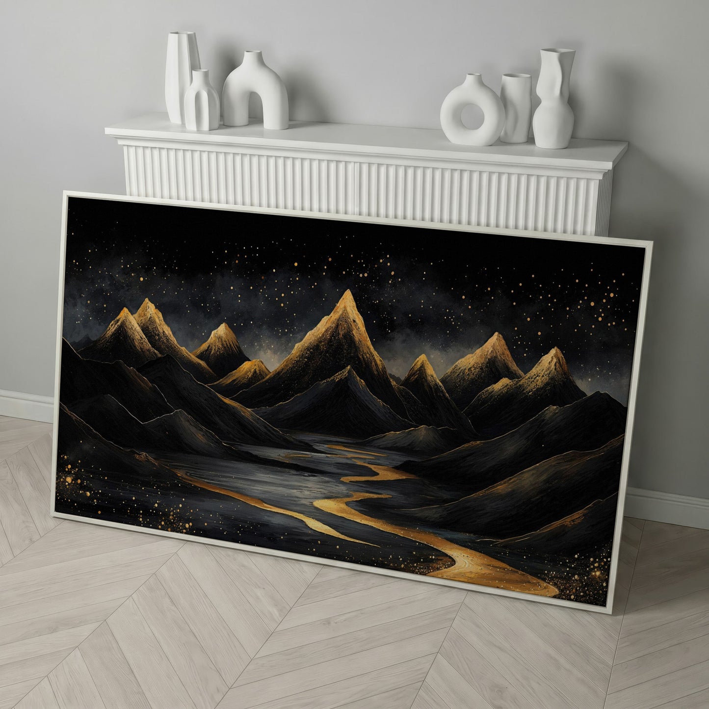 Night Mountain Landscape with Golden Stars Canvas in white floating frame
