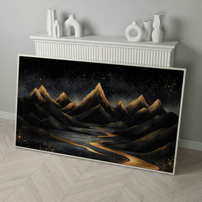 Night Mountain Landscape with Golden Stars Canvas in white floating frame