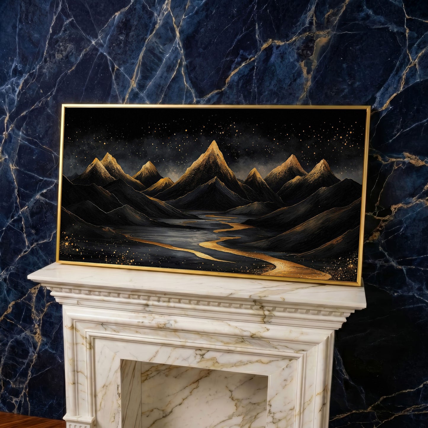 Night Mountain Landscape with Golden Stars Canvas in yellow gold floating frame