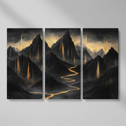 Black & Gold Mountain Canvas with Layered Peaks as 3-panel split version
