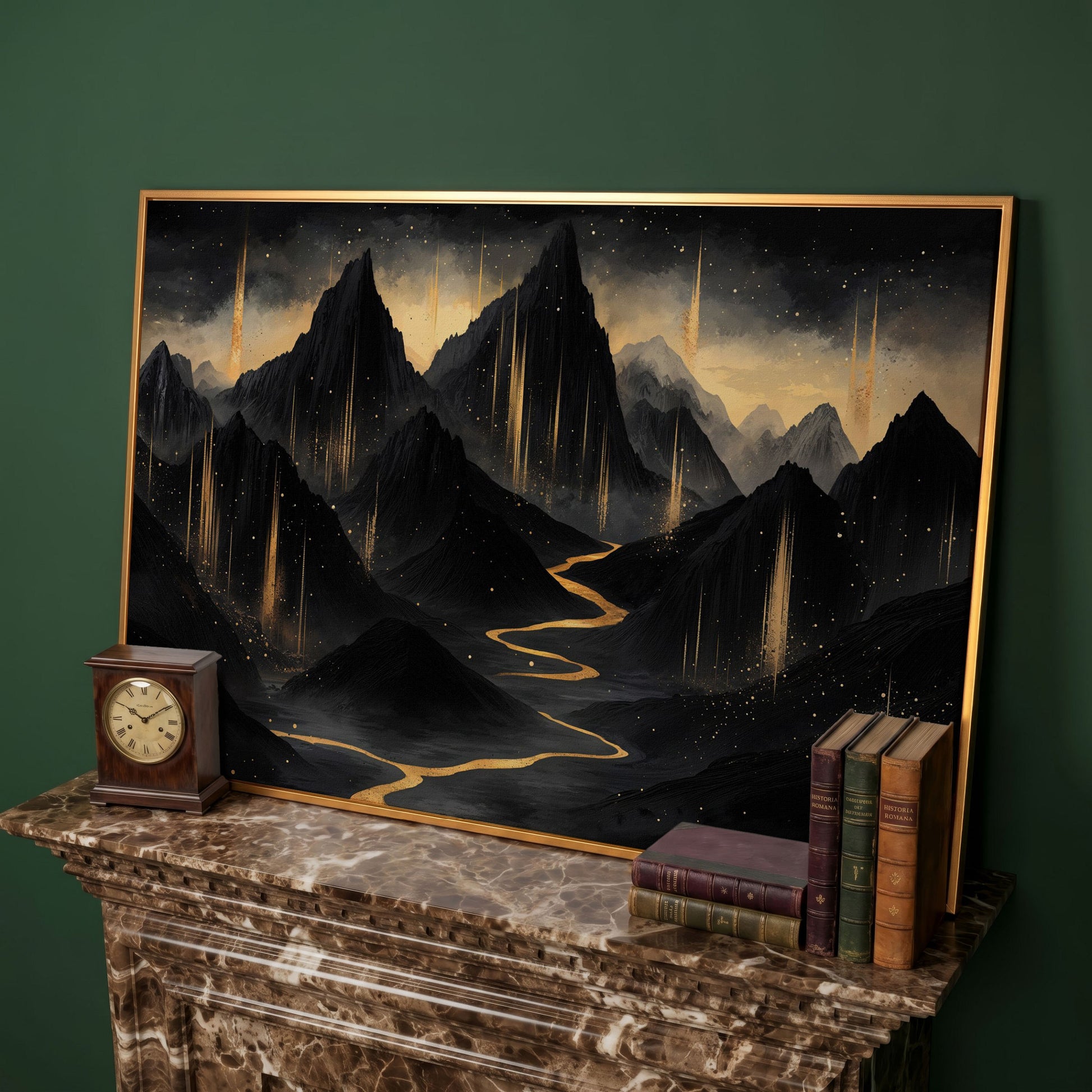 Black & Gold Mountain Canvas with Layered Peaks in antique gold floating frame