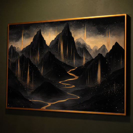 Black & Gold Mountain Canvas with Layered Peaks shown in antique gold floating frame