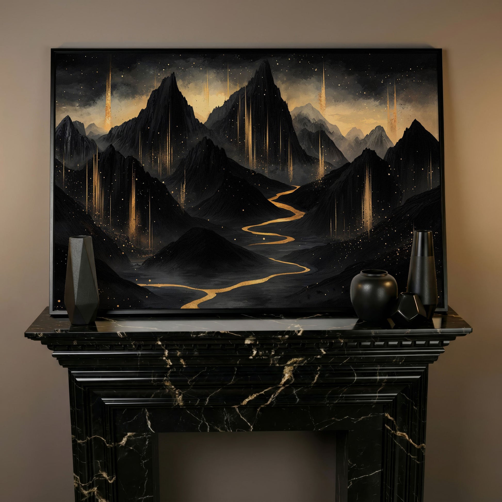 Black & Gold Mountain Canvas with Layered Peaks in black floating frame